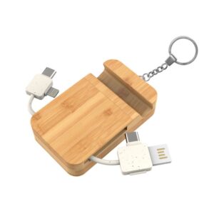 Eco-Friendly 5-in-1 Charging with Mobile Stand Keyring Made with Bamboo & Wheat Straw