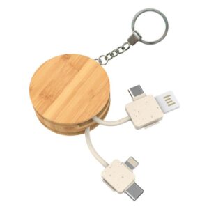 Eco-Friendly 5-in-1 Round Charging Cable Keyring Made with Bamboo & Wheat Straw