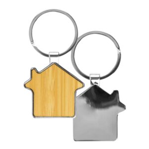 House-Shaped Bamboo & Metal Keychain
