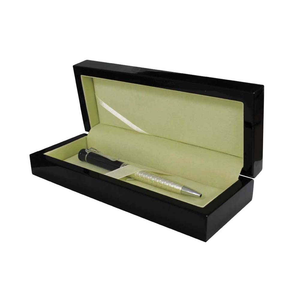 gs gb 07 glossy black hardwood pen box velvet interior open Glossy Black Hardwood Pen Box with Velvet Interior - Image 2