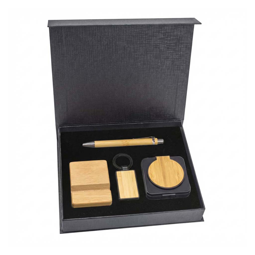 gs set4 09 eco promotional gift set wireless charger wooden pen mobile stand main Eco-Friendly Promotional Gift Set (Small Magnetic Box)