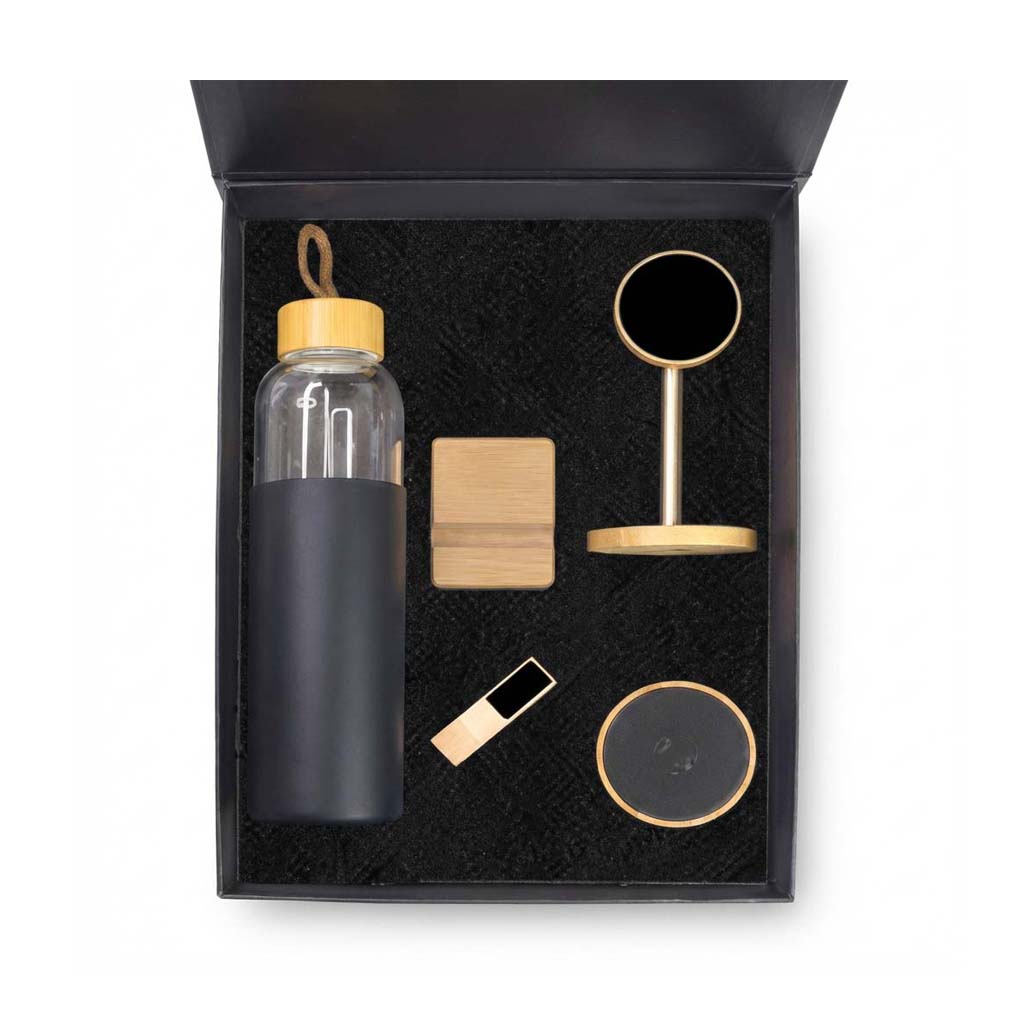 gs set5 07 eco office gift set wooden led usb wireless charger stand open Eco-Friendly Office Gift Set (Large-Handle Magnetic Box)