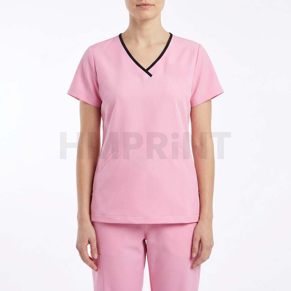 ms 08 Womens pink v neck scrub top with black trim Women's Pink v-neck Scrub Top with Black Trim