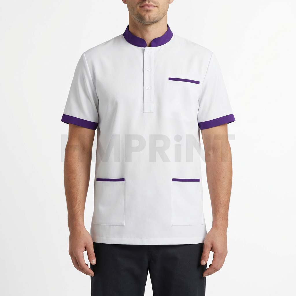 ms 13 mens white medical tunic with purple collar and trim Men's White Medical Tunic with Purple Collar & Trim