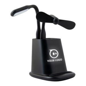 Pen Holder with Light-Up Logo, Wireless Charger & USB Ports, With USB Fan & LED Light