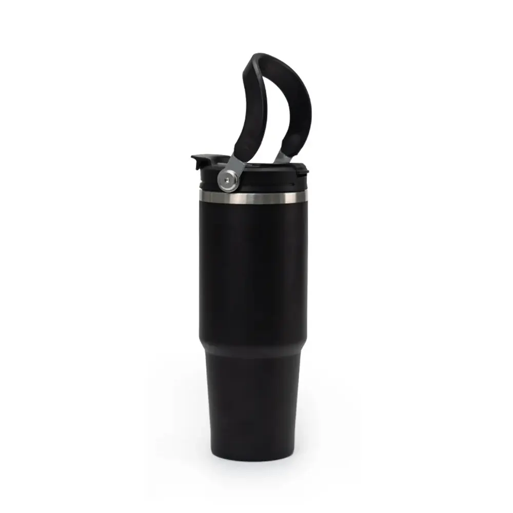 pourio vacuum insulated stainless steel tumbler with flip straw carry handle black 2 POURIO - Vacuum Insulated Stainless Steel Tumbler with Flip Straw & Carry Handle (900ml) - Image 2