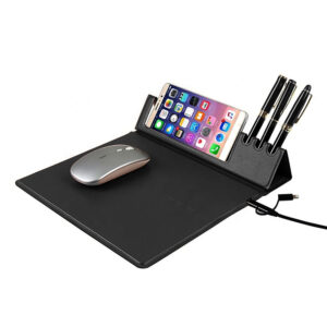 PU Leather Mousepad with Wireless Charging, Pen & Mobile Holder
