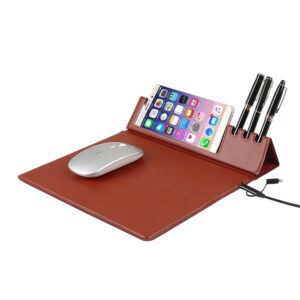 PU Leather Mousepad with Wireless Charging, Pen & Mobile Holder