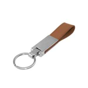 Rectangular Metal Keychain with Leather Strap