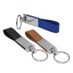 Rectangular Metal Keychain with Leather Strap