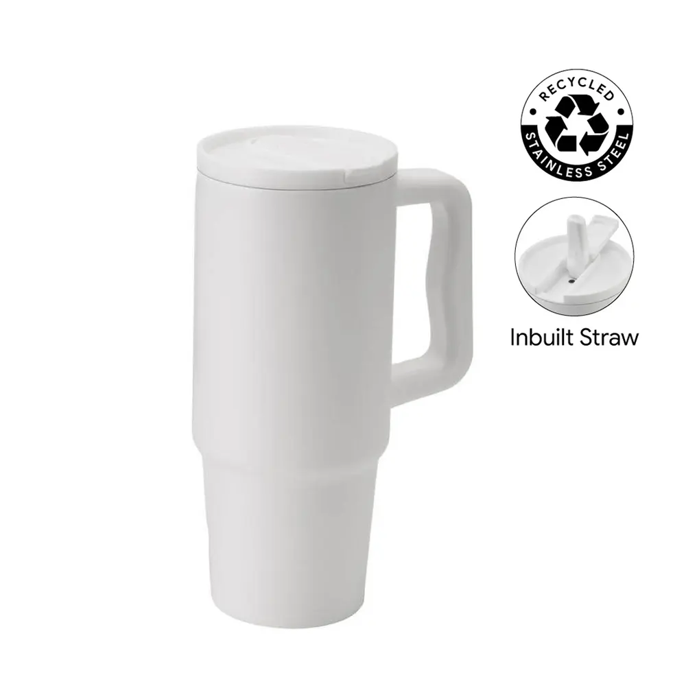 velsta recycled stainless steel insulated tumbler with sip straw handle white 1 VELSTA - Recycled Stainless Steel Insulated Tumbler with Sip Straw & Handle (900ml) - Image 3