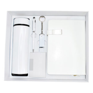 Water Bottle, Slim Plastic USB Flash Drive, Metal Pen Stylus, A5 Notebook & Business Card Holder Gift Set