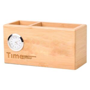 Wooden Pen Stand Card Holder With Clock